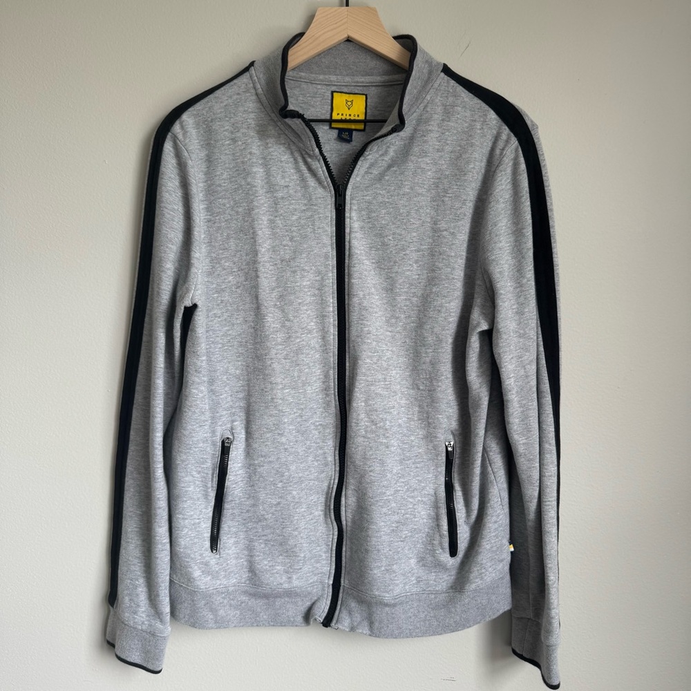 Men’s Large Zip Up Sweater Gray Black Stripe Pockets Prince & Fox Normcore Basic